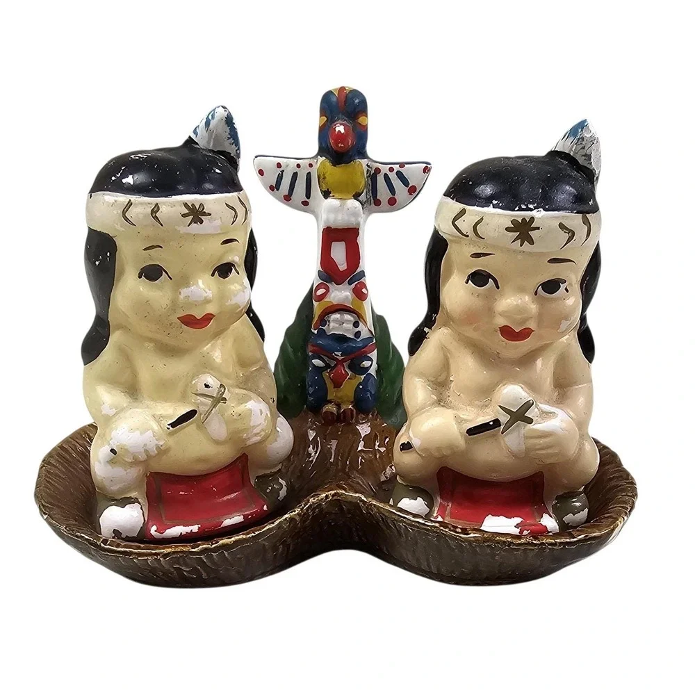 Vintage Japan Ceramic Salt and Pepper Shakers Set with Totem Pole Base Multi
